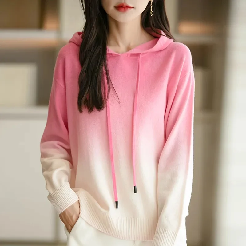 Korean Lady Long Sleeved Pullover Loose Knitting Tops Autumn Female Gradient Colored Sweater Spring Women Fashion Hooded Knitted