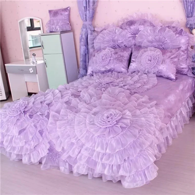 Cotton four-piece set Korean version satin pink pure cotton new princess style lace quilt set four-piece set