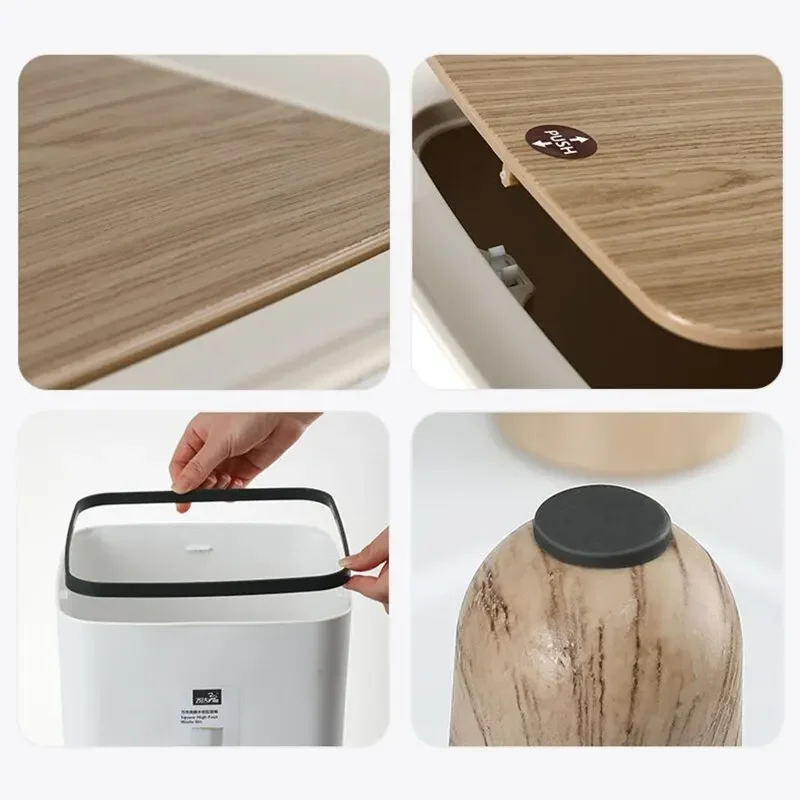 Waste Bins with Lid Press Dustbin for Living Room Toilet Bathroom Kitchen Garbage Bucket High Foot Imitation Wood Trash Can