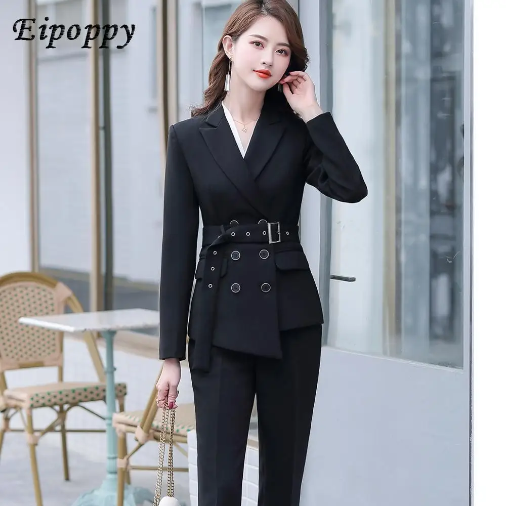 Asymmetric Size S-5XL Women Pant Suit With Belt Red White Black Two Pieces Set Triple Breasted Blazer With Trouser For Winter