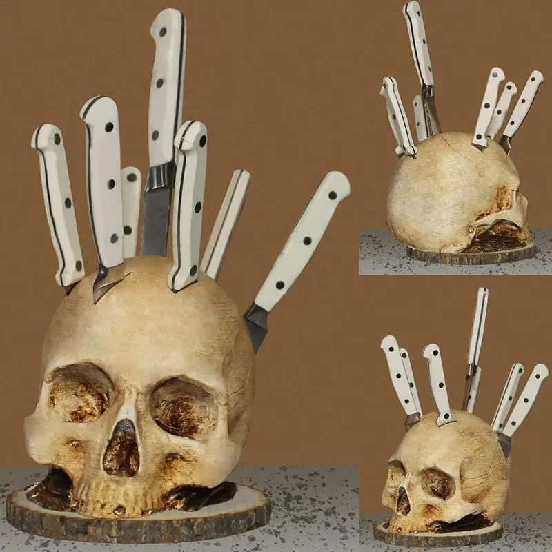 Skeleton Head Knife Holder for Kitchen Skull Knife Stand Horror Knives  Storage Rack Decoration Cutter Holder Knives Organizer