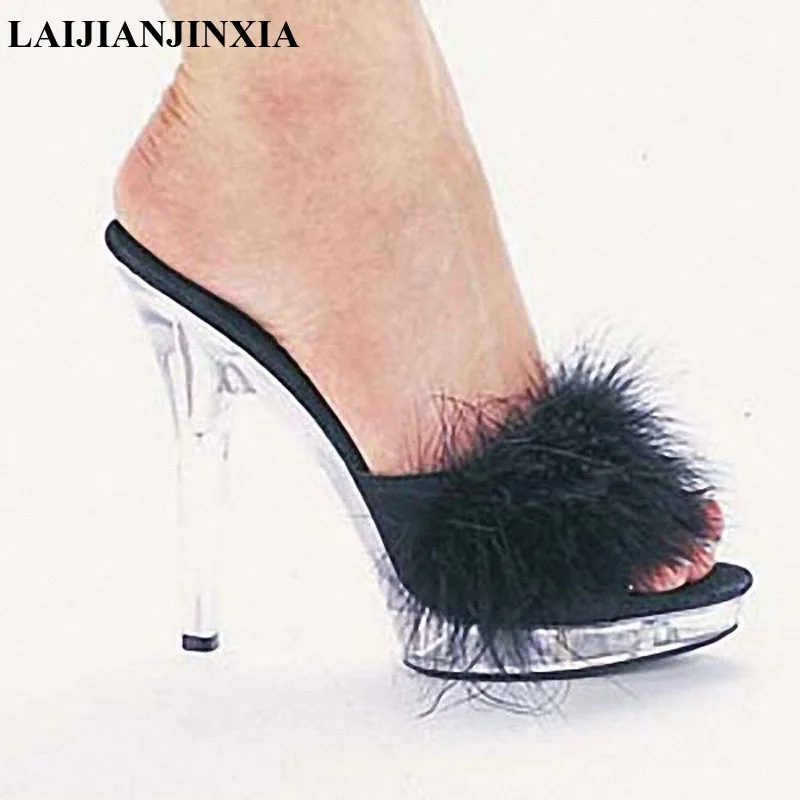 High Heels 13CM Stripper Shoes Plump Feathered Crystal Shoes Hot Sexy Platform Women's Sandals