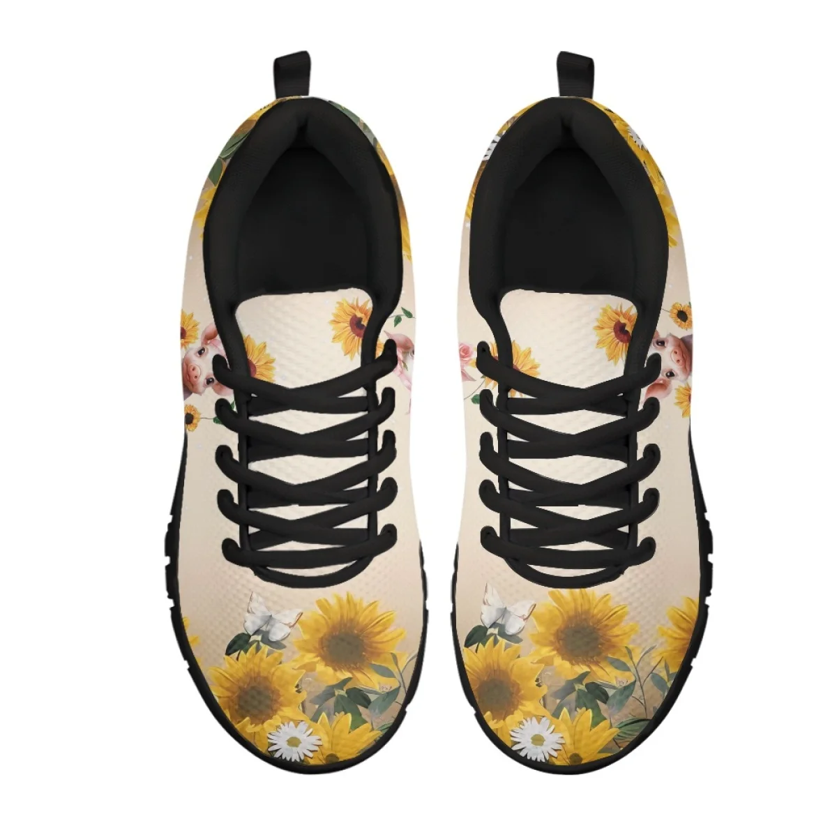 INSTANTARTS Cute Sunflower Little Pig Design Casual Sneakers Non-Slip Sport Shoes Comfort Shockproof Walking Flats for Women Hot