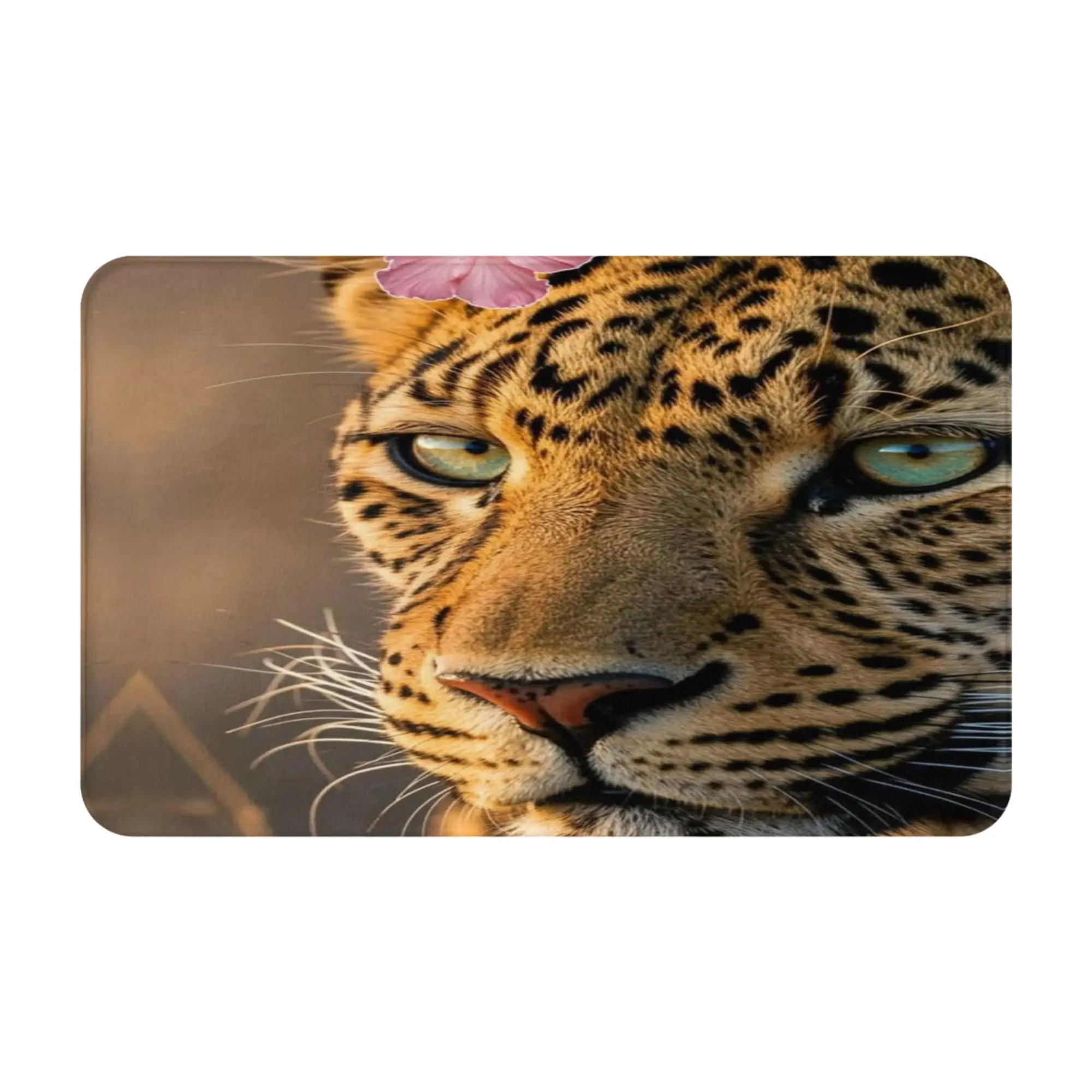 Leopard With Pink Flower Head Anti-Slip Doormat Bath Mat  Welcome ModernDecor