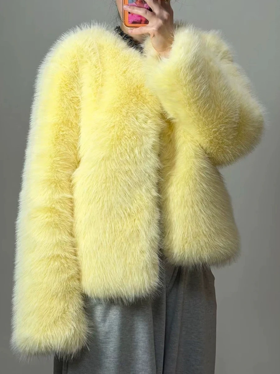TWOTWINSTYLE Casual Faux Fur Women Jackets Round Neck Long Sleeve Chic Loose Jacket for Winter Street City Outing Fashion New