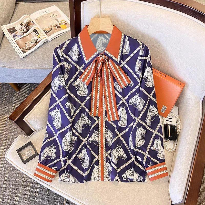 

Check Equestrian Print Silk Shirt Women Long Sleeve Blouse Self-tie Bow Tops 2024 Spring Summer Luxury Designer Brand Clothing