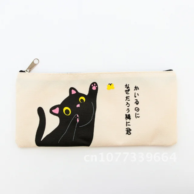 Cute Cartoon Cat Pencil Bag Canvas Pencil Case Student Stationery Pen Pencil Eraser Storage Bag Makeup Bag School Office Supply