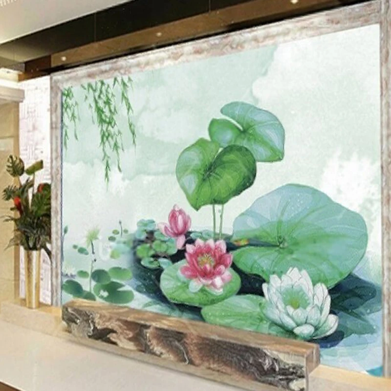Modern and simple new Chinese-style hand-painted ink-wash lotus TV luxurious home bedroom background wall