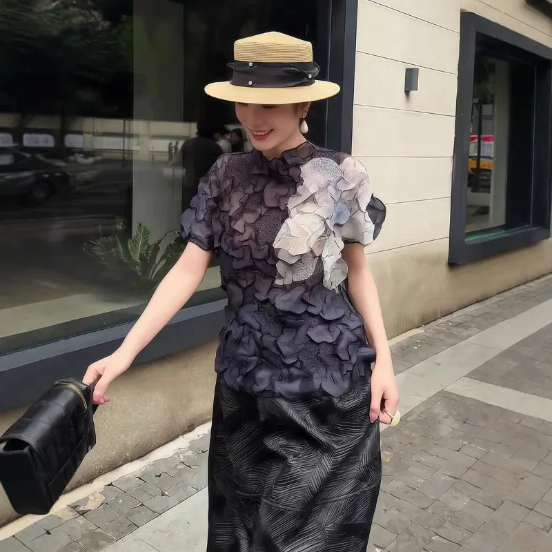 Miyake Pleated 2026 Summer New French Fashion Printed High Elastic T-Shirt for Women with Pleated Floral Patchwork Irregular Top