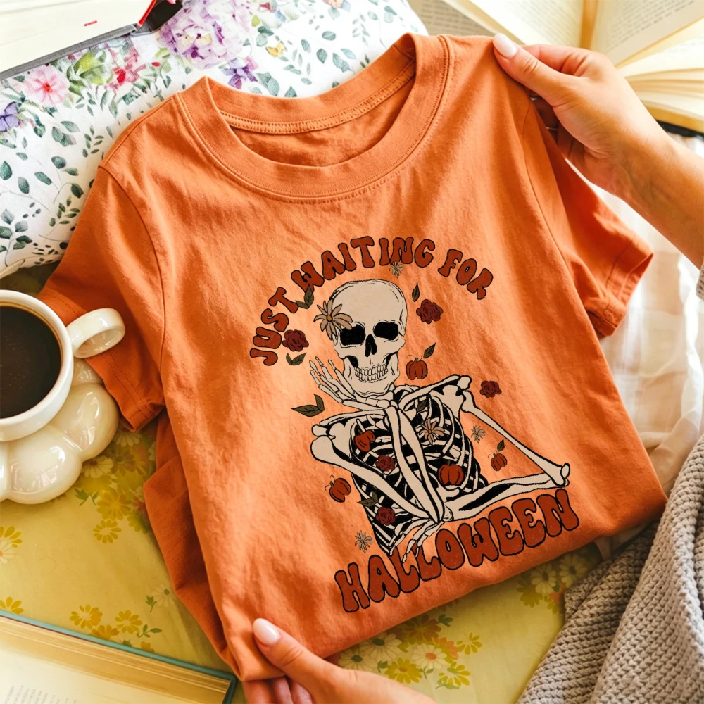 Retro Floral Skeleton Just Waiting for Halloween Graphic Print T‑Shirt Unisex Spooky Fall Pumpkin Casual Cotton Short Sleeve Tee