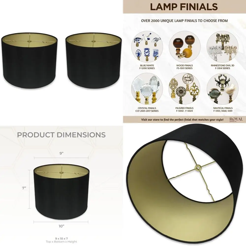 

Shallow Drum Hardback Lamp Shades, 9x10x7 Inches, Black with Gold, 2-Pack, Compact Lighting Accessories
