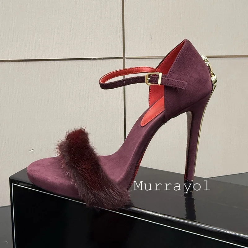 Fur Sandals Women Metal Decor Thin High Heels Shoes Open Toe Ankle Strap Sandalias Mujer Summer Sexy Party Dress Wedding Shoes view 5