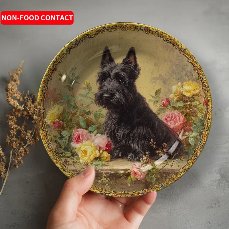 1ps,Painted Black Dog & Rose Ceramic Plaque - Elegant Floral Decor with Vintage Tableware Look, Non-Food Contact Safe