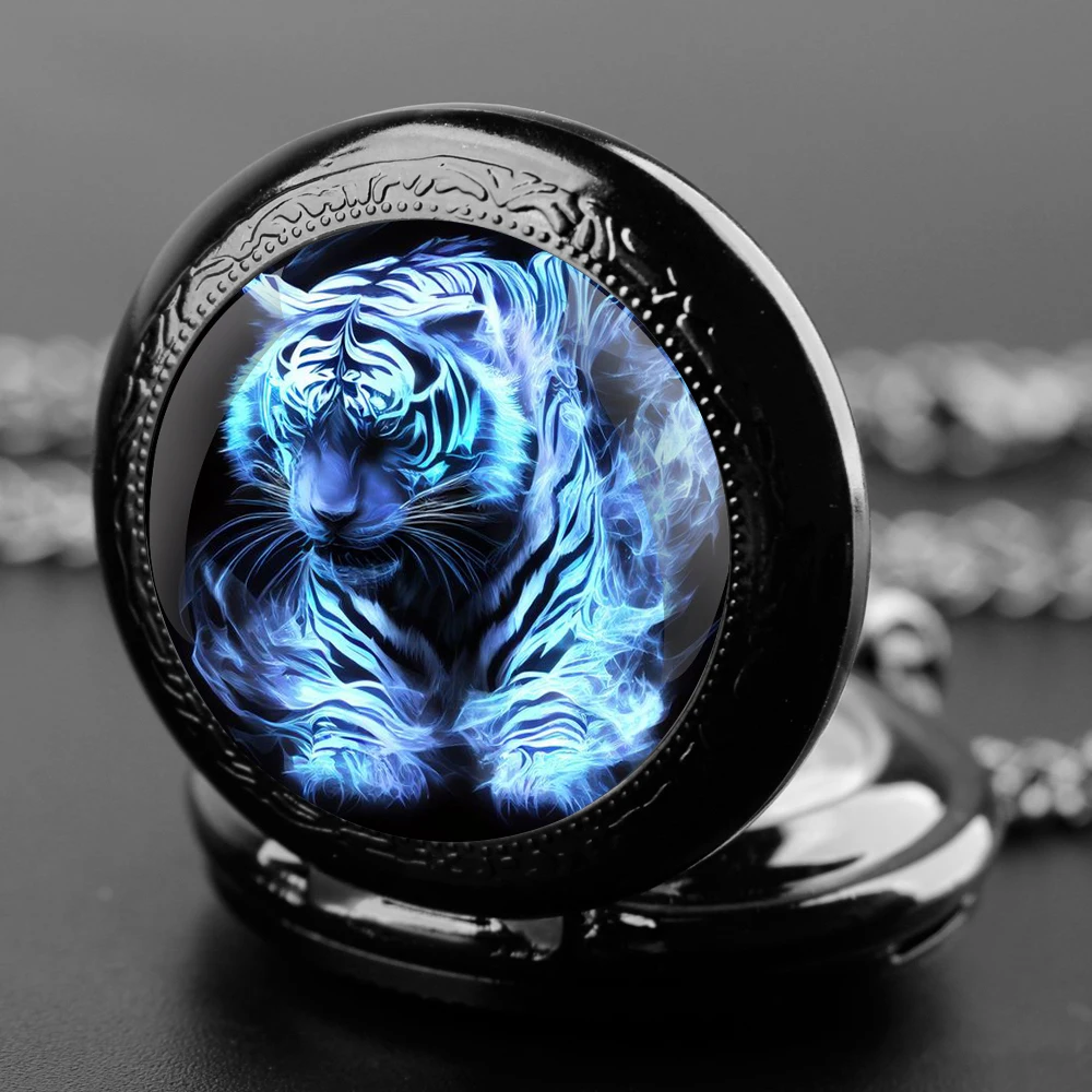 

Tiger Design Glass Dome Quartz Pocket Watch With Durable Chain Arabic Numeral Dial For Men And Women Creative Gifts