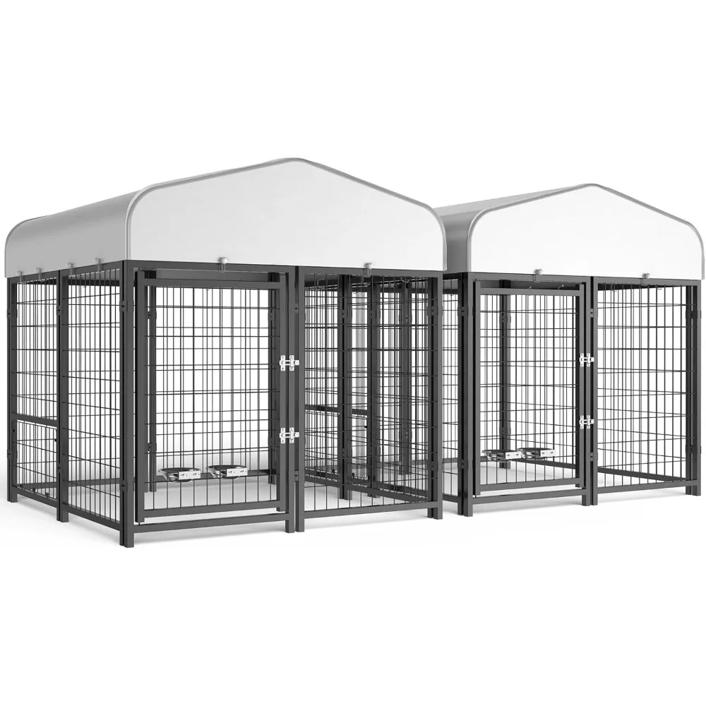 2 PCs Outdoor Dog Kennel Outside Run with Doggy Door, Bowls&Roof -Large Dog Kennels Pens Outside for Medium/Large Dogs Breed