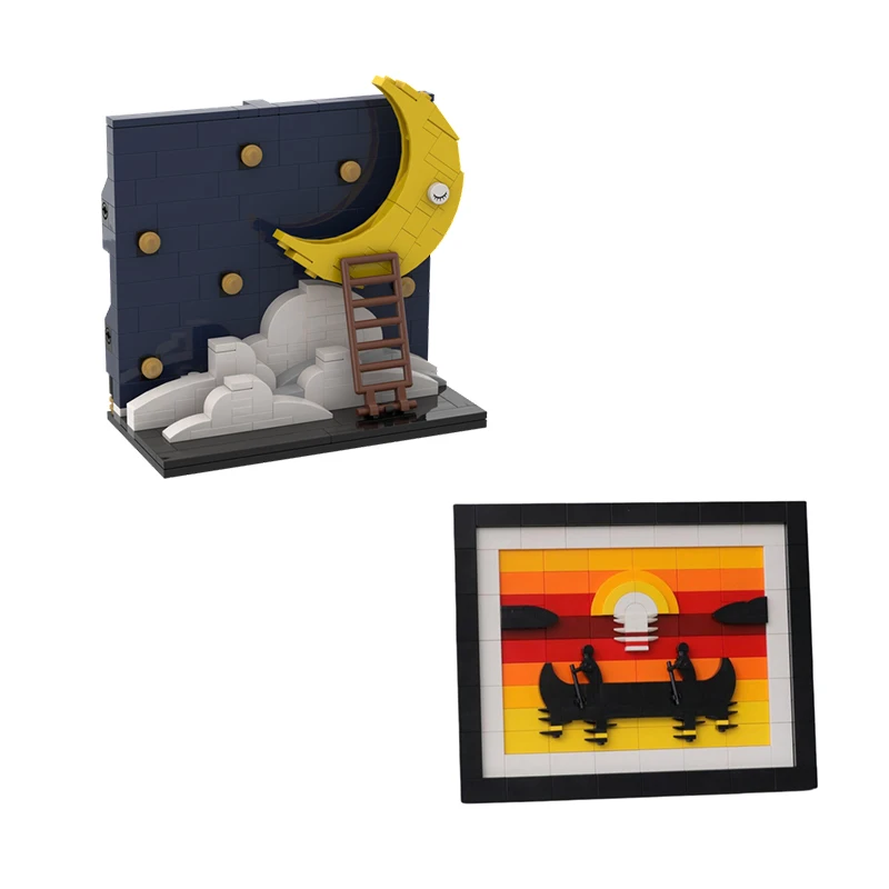 MOC Building Bricks of Canoe at Sunset and Moon, Tecnologia Modular, Art Painting Model, Assembly Toys for Children, Holiday Gifts