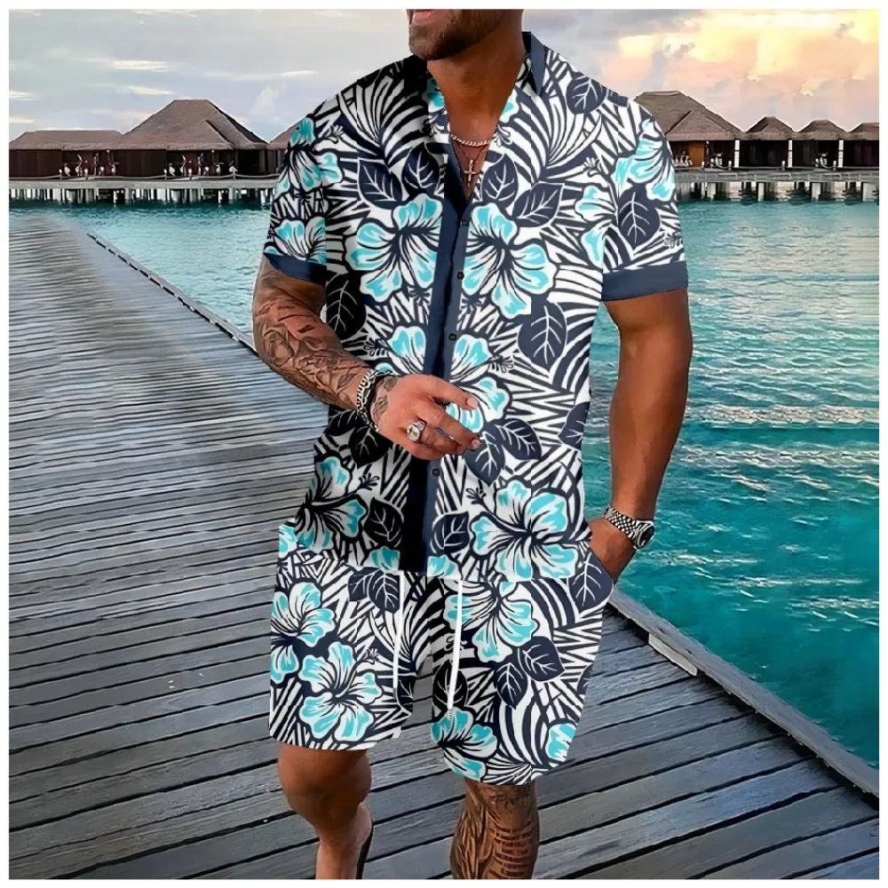 Hawaii set bunga kancing kemeja celana pendek musim panas bunga campuran warna pantai Hipster Streetwear pakaian olahraga pakaian pria