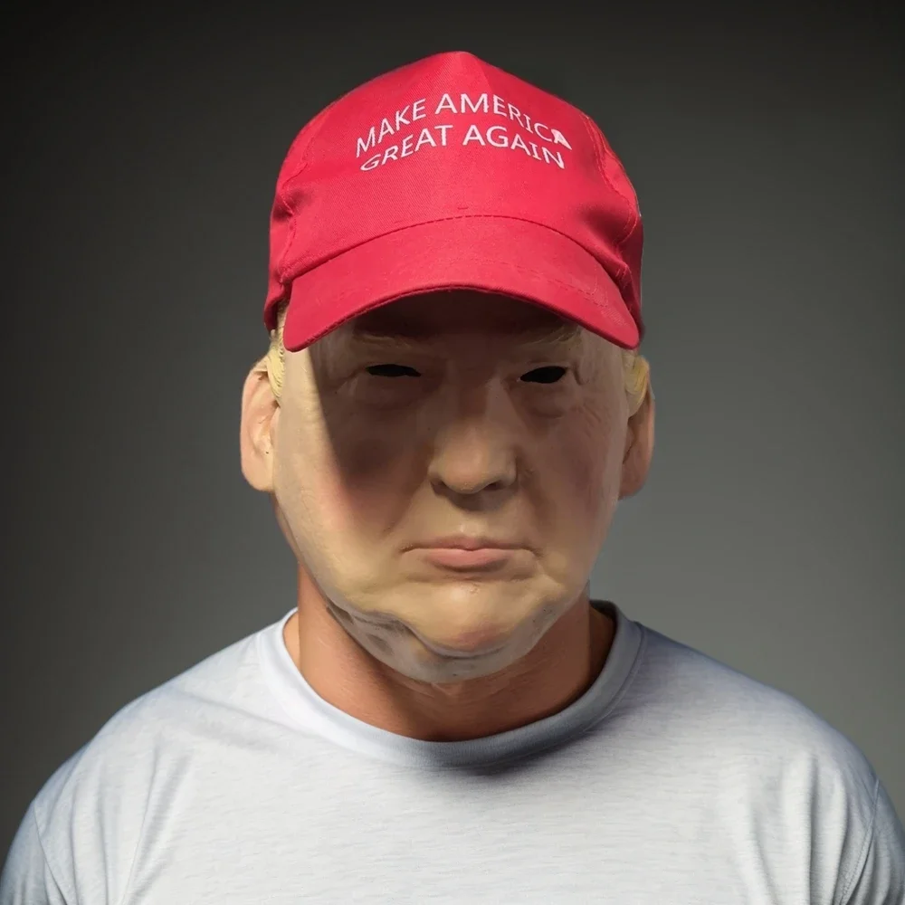 Trump Mask With Hat Celebrity Spoof Mask Embroidered MAGA Support Hat Rave Party Cosplay Realistic Donald Trump Mask Prank Props