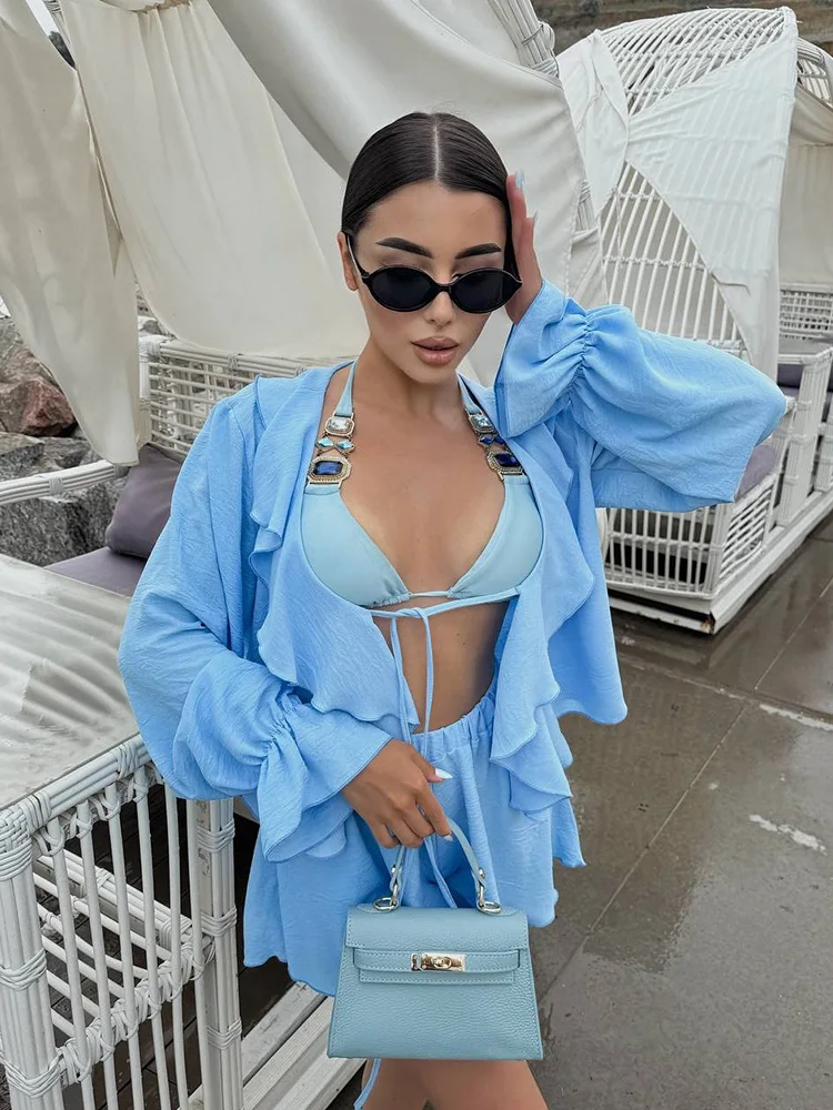 CNYISHE Solid V Neck Long Sleeve Lace-up Women Sets Holiday Sheath Fashion Suits Female Sexy Club 2-Pieces(Tops+Skirts) Trendy