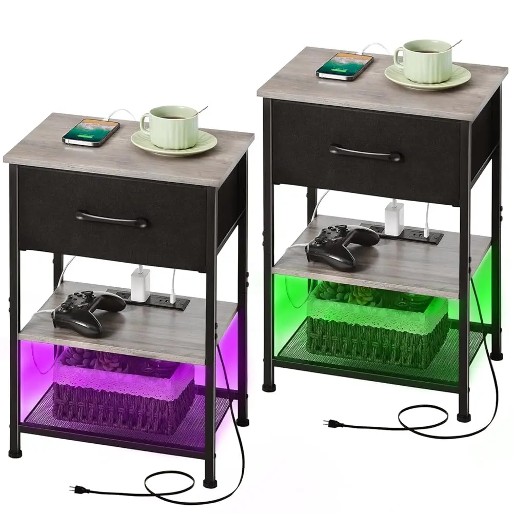 

Nightstands Set Of 2 With Charging Station And Drawer, End Table Side Table With 20 Colors Led Light St And 2 Layers Shelf For