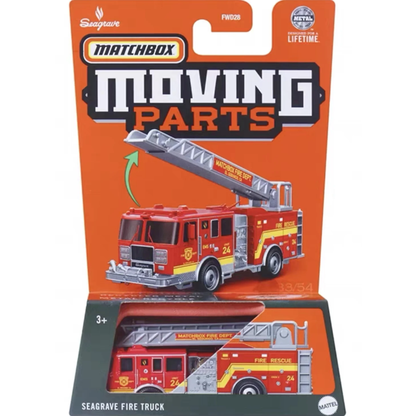 2025 peças móveis originais caixa de fósforos SEAGRAVE FIRE TRUCK 1/64 modelo de coleção fundida FWD28N carros meninos brinquedos presentes de aniversário