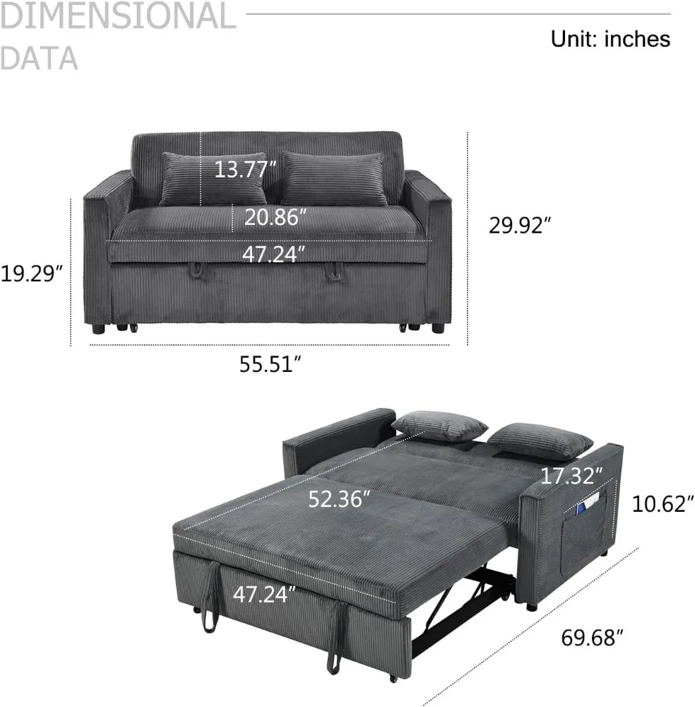 Sleeper Sofa,Corduroy Convertible Sofa Bed,Pull Out Sofa Bed with 3 Level Adjustable Backrest&Storage Pockets and 2 Toss Pillows