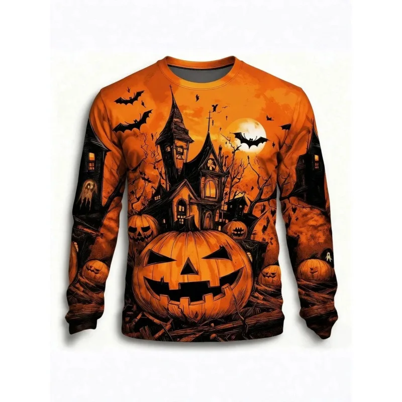 Men Long Sleeve T‑Shirt Halloween Pumpkin Haunted House Bat Ghost 3D Print Casual Party Streetwear Top