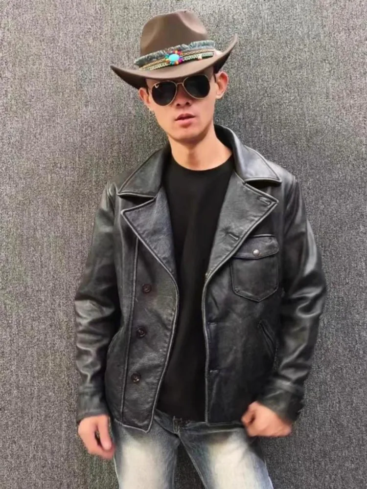 Italian Designer Vintage Mens Cowhide Genuine Leather Work Jacket Slim Fit Single Breasted Coats Windproof Motorcycle Jacket 5XL