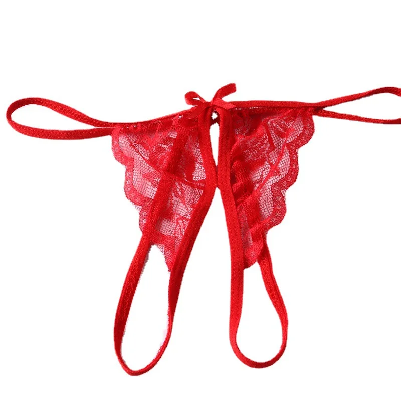 Sexy Women Bow Lace Crotchless Thong Panties Sheer Mesh Easy Take Off Erotic Intimates Lingerie for Bedroom Honeymoon Dating view 2