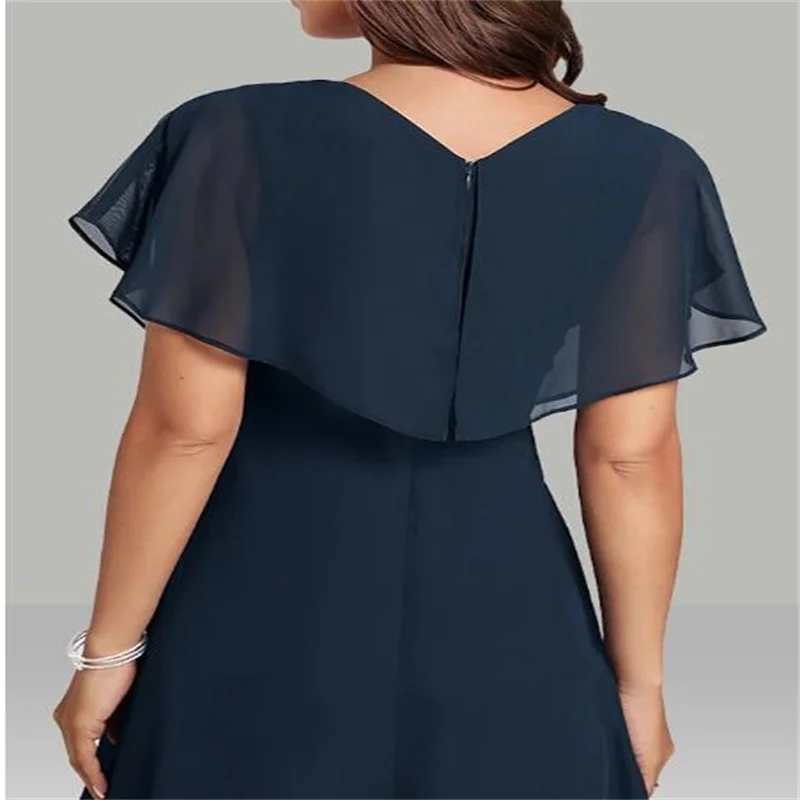 V Neck Elegant Party Dresses for Women 2024  Chiffon Knee -Lenght Dark Navy Short Mother of the Bride Dress 2024 New Arrival