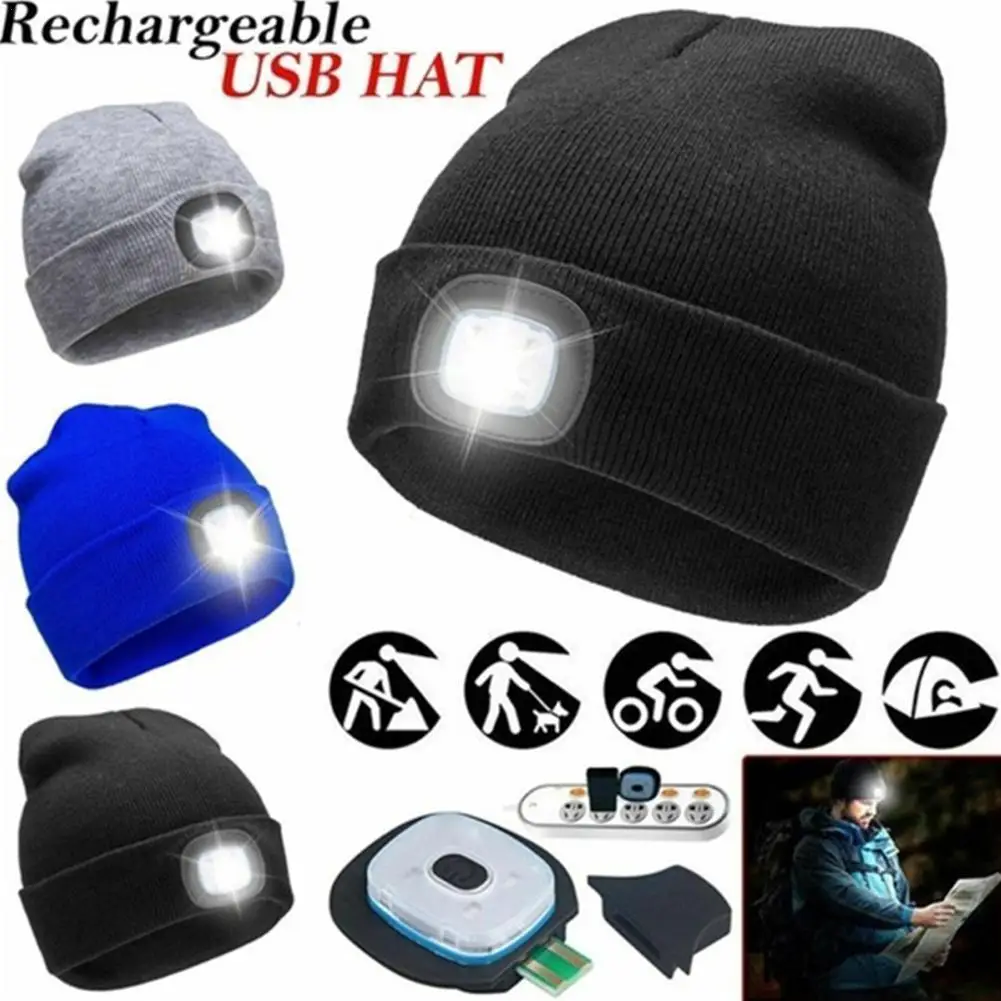 LED Lighted Beanie Cap Unisex Led Knitted Beanie With Head Lamp USB Rechargeable Flashlight LED Beanies Knit Hat Fishing Caps