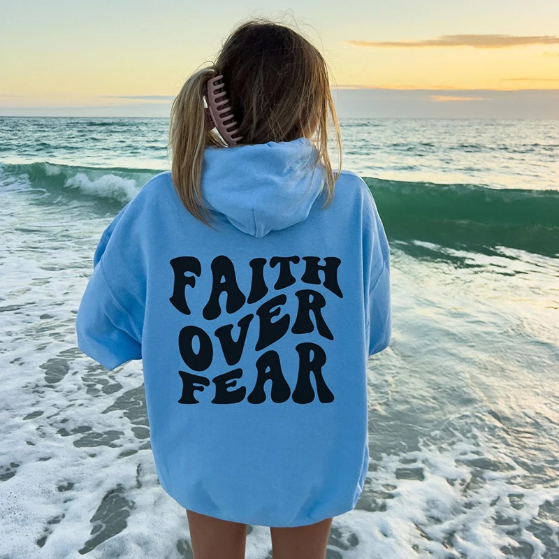 Faith Over Fear Printed Hoodies Casual Fashion Womens Pullovers Fleece Warm Pocket Sweatshirt Sporty Oversize Street Clothes