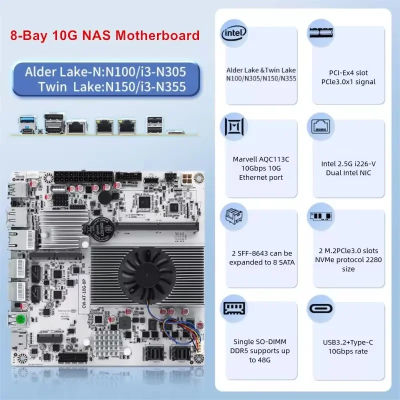 Материнская плата CWWK Intel N150 N100 i3-N305 с 8 отсеками 10G NAS 1*10G 2*2.5G 2*NVMe 2*SFF-8643 до 8*SATA PCIex1 Type-C