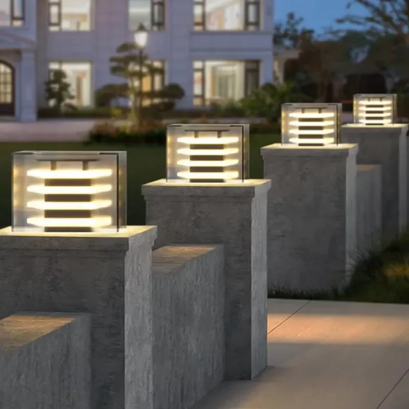 Outdoor Clear Acrylic Stainless Steel IP65 Waterproof LED Pillar Lights Cube Post Lamp Solar/Cable Powered 3-Year 3000K 180