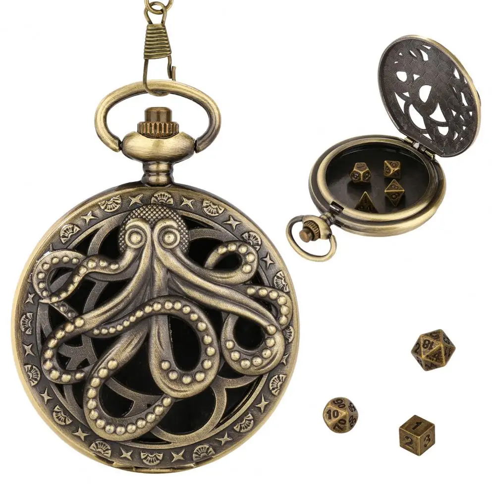 

Vintage Pocket Watch Dice Polyhedral Metal Dice with Chain Steampunk Gear Octopus Pocket Watch Dice Set for Role Playing Games