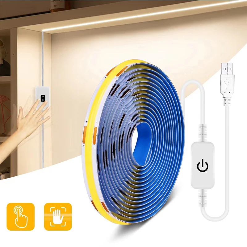 LED COB Light Strip Touch Dimmer Flexible Diode Tape 5V USB Linear Indoor Lighting Lamp Room DIY TV Mirror Backlight Wall Decor