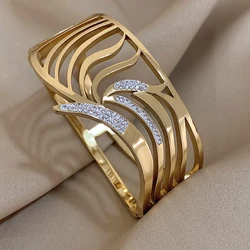 Irregular Geometric Inlaid Rhinestone Chunky Bracelet for Women Unique Design Stainless Steel Cuff Bangles Waterproof Jewelry