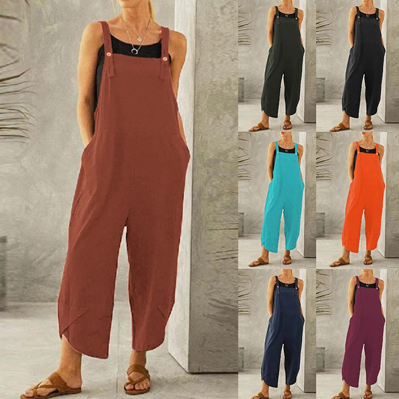 2023 Casual Oversized Summer Vintage Jumpsuit Women Straps Wide Leg Pockets Overalls Loose Romper Womens Jumpsuits Monos Mujer