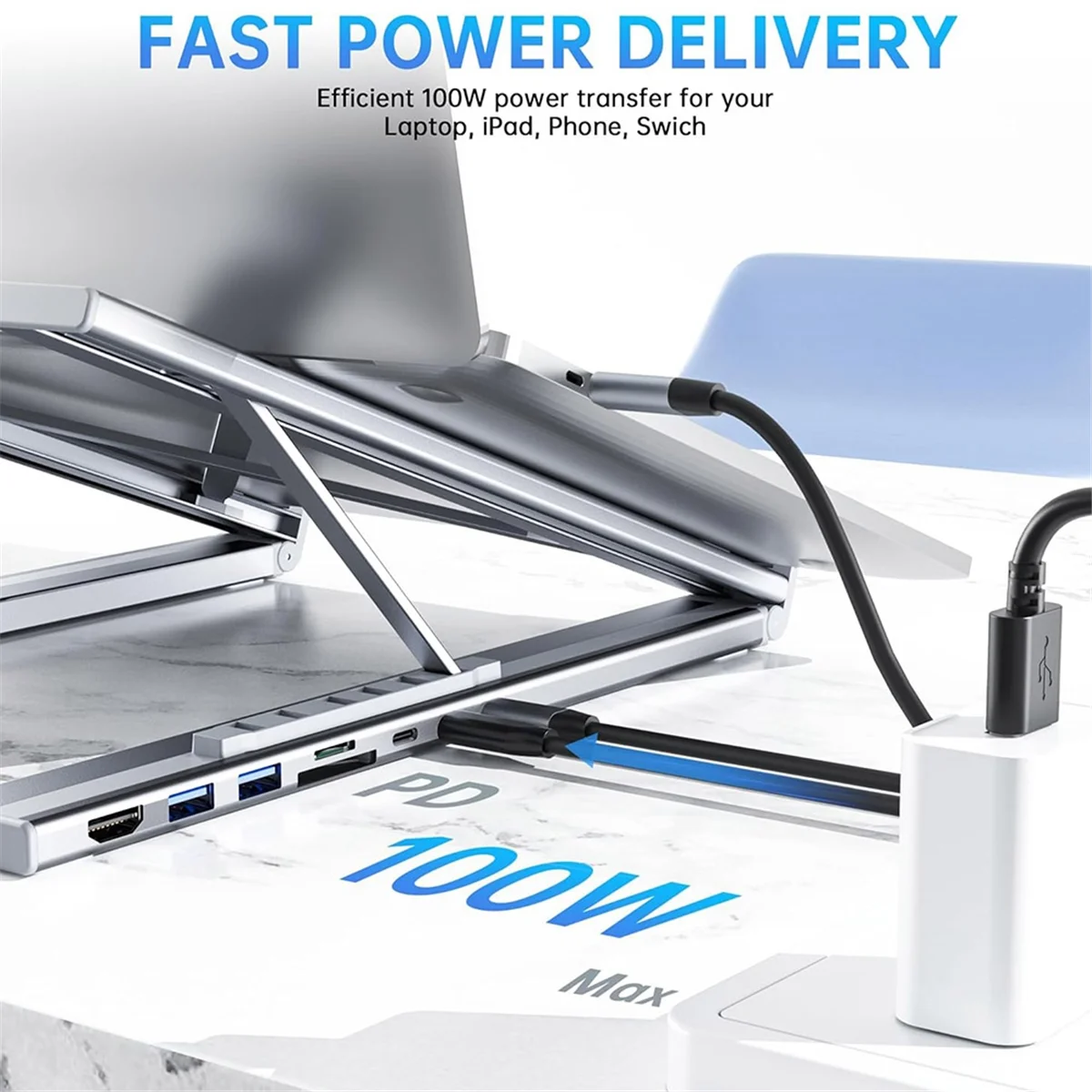 SCLS Eight in One USB C Laptop Docking Station Stand USB C Hub Adjustable 10-17in Laptop Stand Portable Design for PC,Tablet
