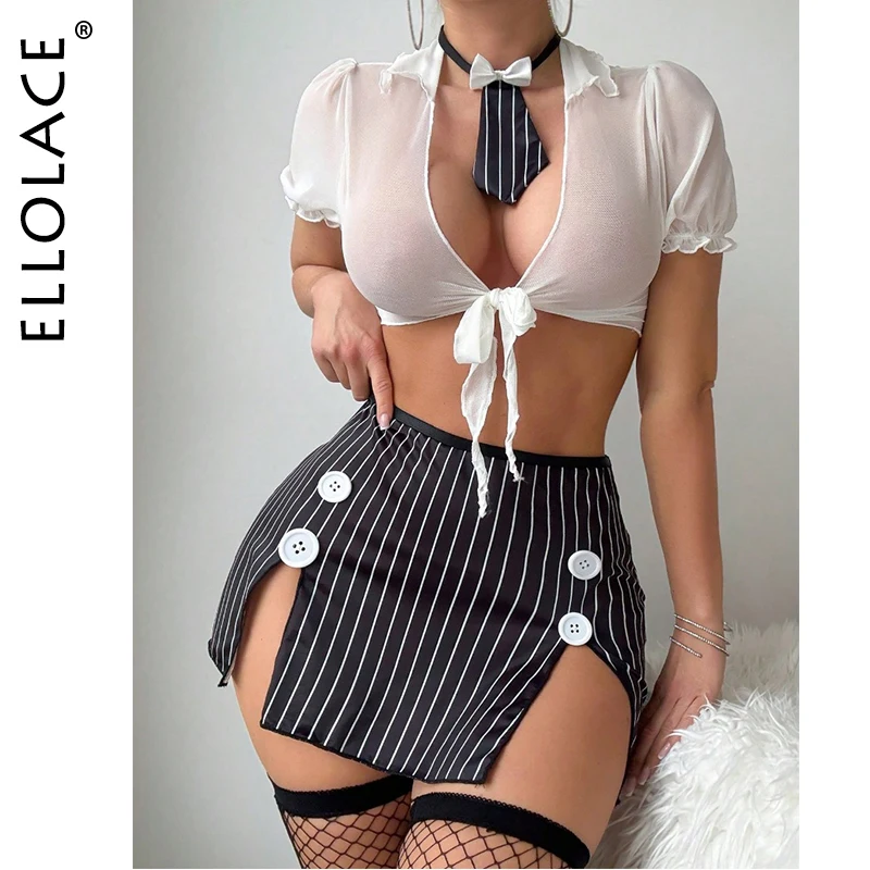 

Ellolace Halloween Sexy Lingerie Student Cosplay Top Panty Skirt 3PC with Collar Stockings Office Lady Role Play Striped Uniform