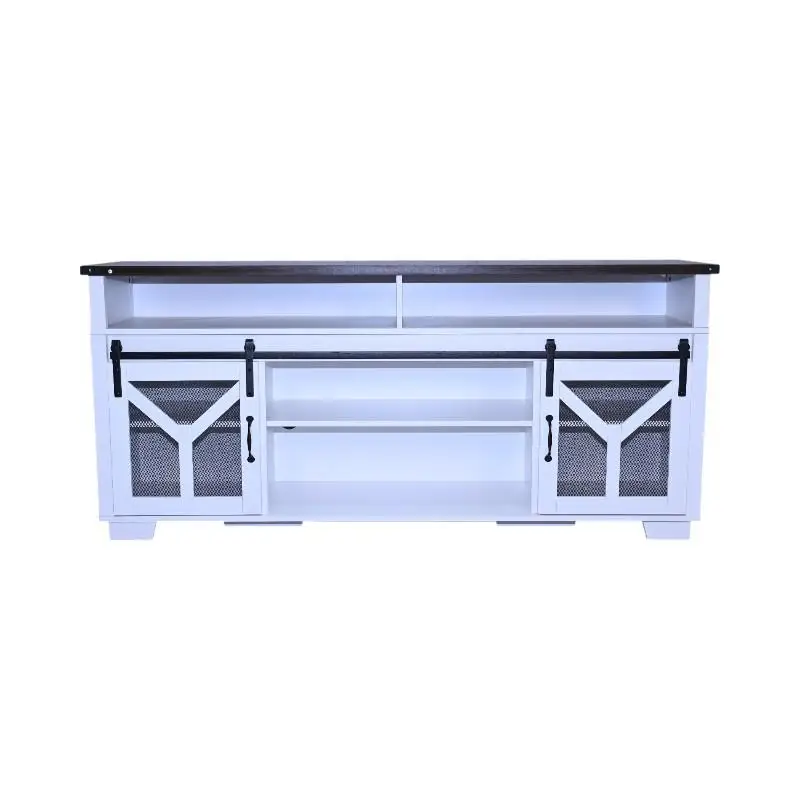 حامل تلفزيون مقاس 65.3 بوصة مع شرائط إضاءة LED وباب الحظيرة الشبكي الحديدي، سطح مزخرف بلون الجوز الأبيض والأسود، نمط المزرعة #2