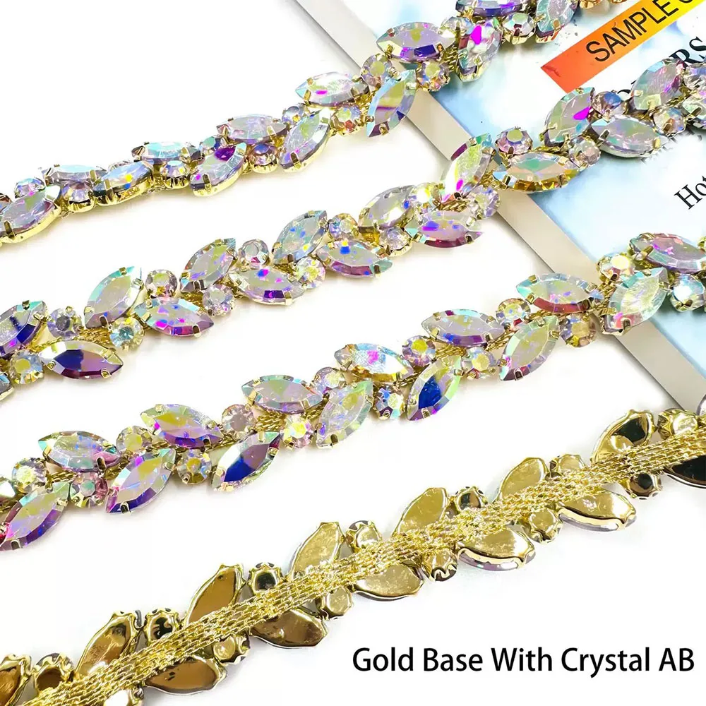 1 yard AB color/White leaf rhinestone Metal chain Shiny crystal chain Silver plated sewing applique decorative wedding accessory