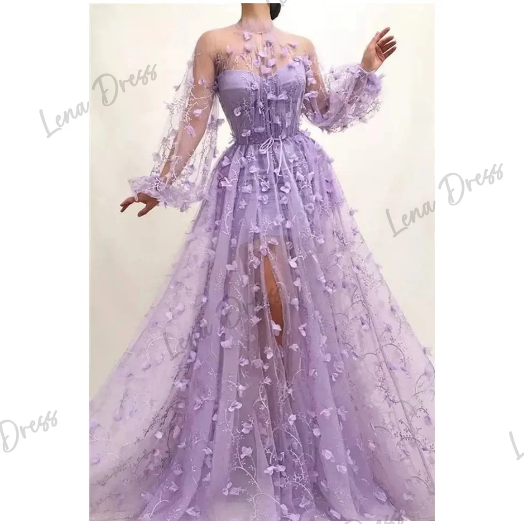 Lena Evening Luxury Dress 2024 Gauze Line A Elegant Party Dresses 2024 for Wedding Guest Dress Women Long Sleeves Lace Purple