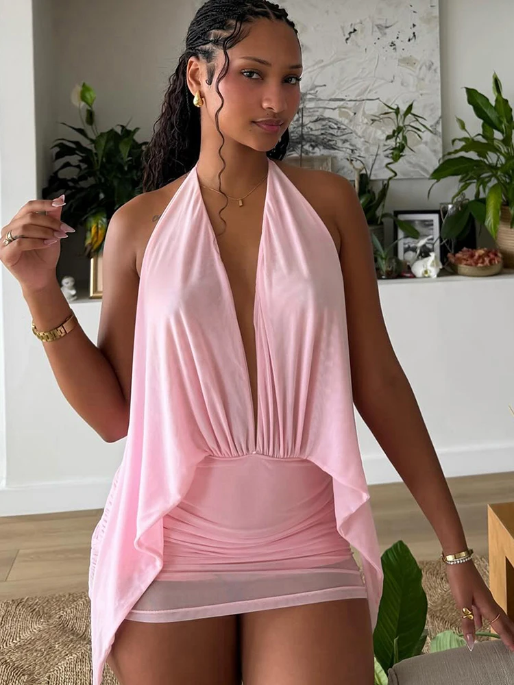 Nibber Peach Hip Rückenfreies Kleid für Damen, unregelmäßiger Neckholder, sexy tiefer V-Ausschnitt, gerafftes, elegantes Mitternachts-Partykleid, Sommer 2026, Mini-Bodycon