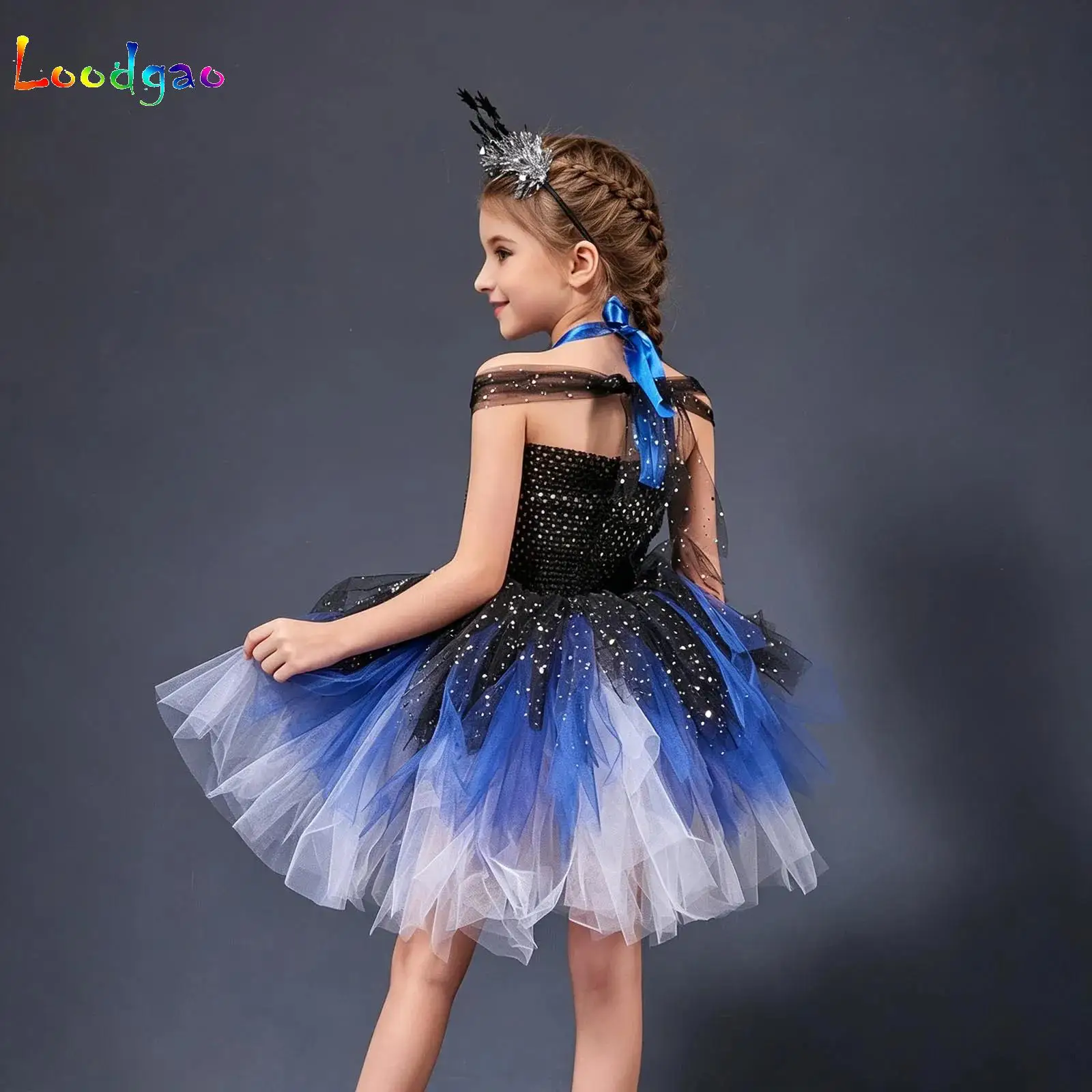 Kids Girls Galaxy Themed Tutu Dress Sequin Bodice Star Moon Bow Gradient Tulle Halter Dress with Headwear for Halloween Party