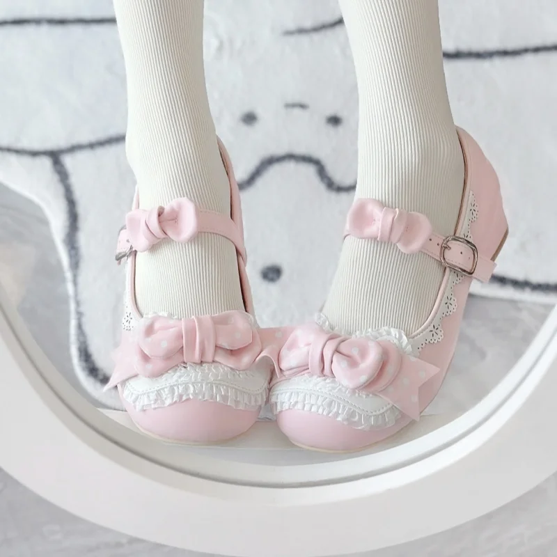 Japanese Sweet Lolita Women Candy Color Bow Low Lace Heel Flat Heel Small Leather Shoes Round Head Cute Single Girls Shoes Lo
