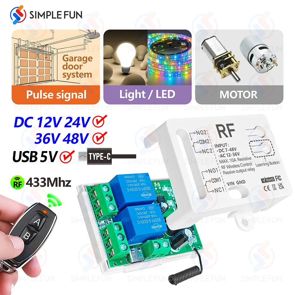 Wireless Remote Control Switch 433MHz 12V 24V 36V 48V Type-C 5V 2 CH Relay Module for Light/LED/Motor/Pump/Garage Door Pulse
