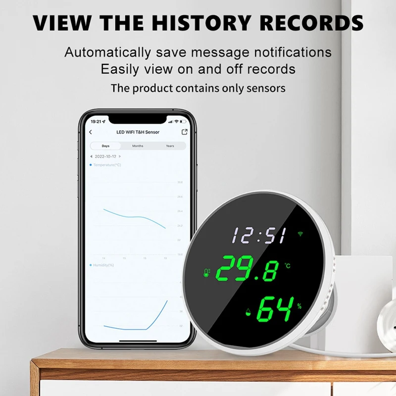 가정용 와이파이 온도 습도 센서, LED 스크린 앱 제어, 실내 온도 알람 센서, 시계 기능 포함, 흰색