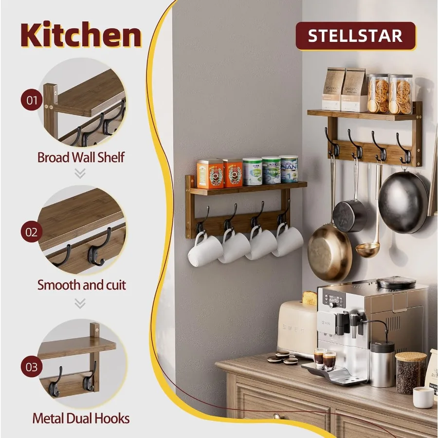 رف معطف مثبت على الحائط مع رف لتخزين المدخل، مجموعة من رفين معلقين من الخيزران مع خطافات لديكور المدخل، مثالية لـ Org #4