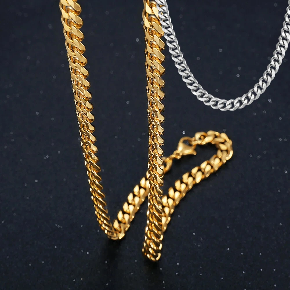 7mm Punk Herren Gold Silberfarbene Edelstahl Dicke Kubanische Gliederkette Halskette für Männer Frauen Vintage Mode Schmuck Geschenke